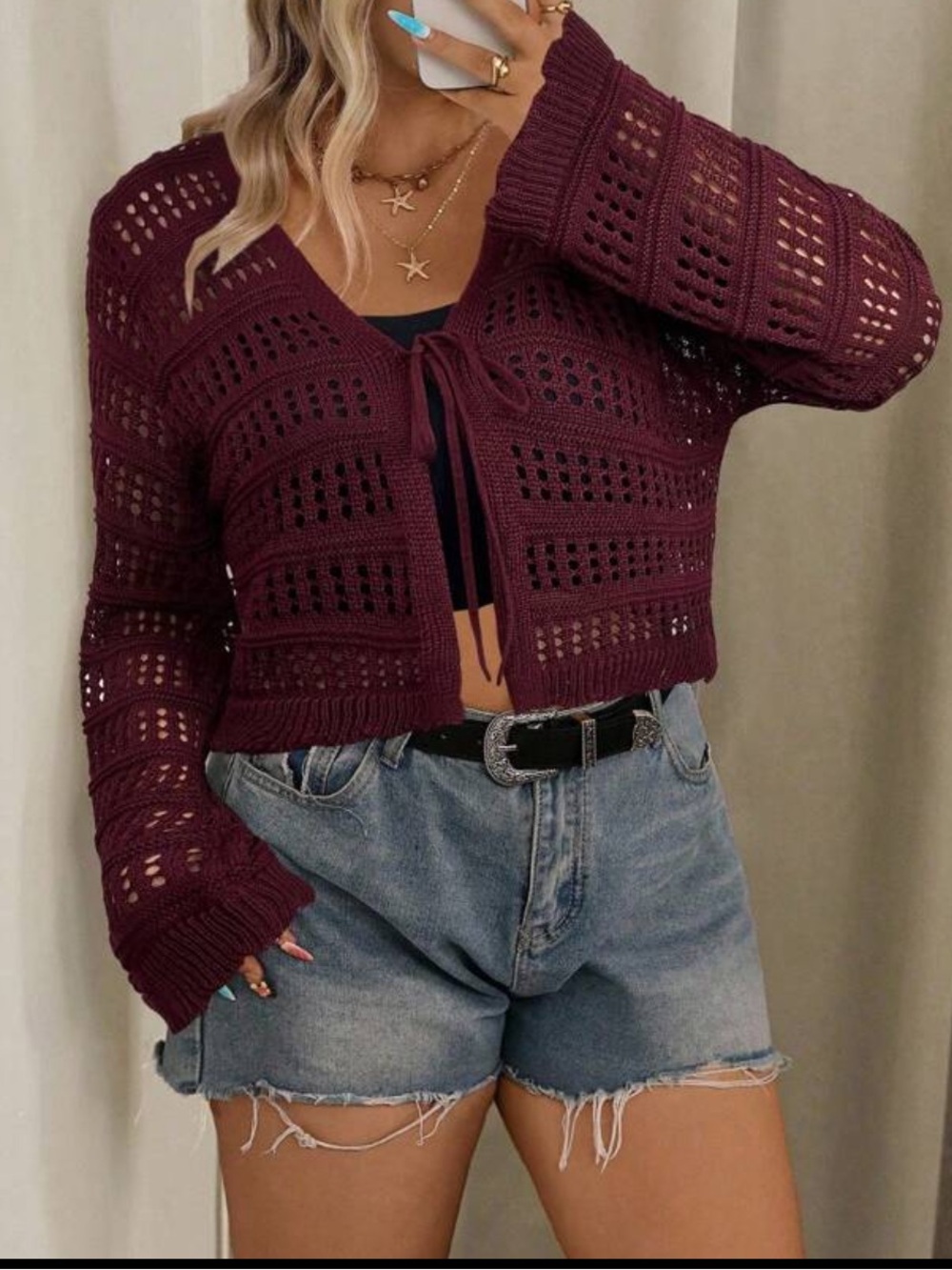 Plus Size BurgundyOpen-Knit Tie-Front Cardigan Shrug